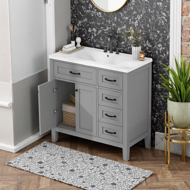 Ensemble de meuble-lavabo gris moderne 36 po avec lavabo en céramique, armoire autoportante avec tiroirs et structure en bois massif pour les petites et moyennes salles de bain