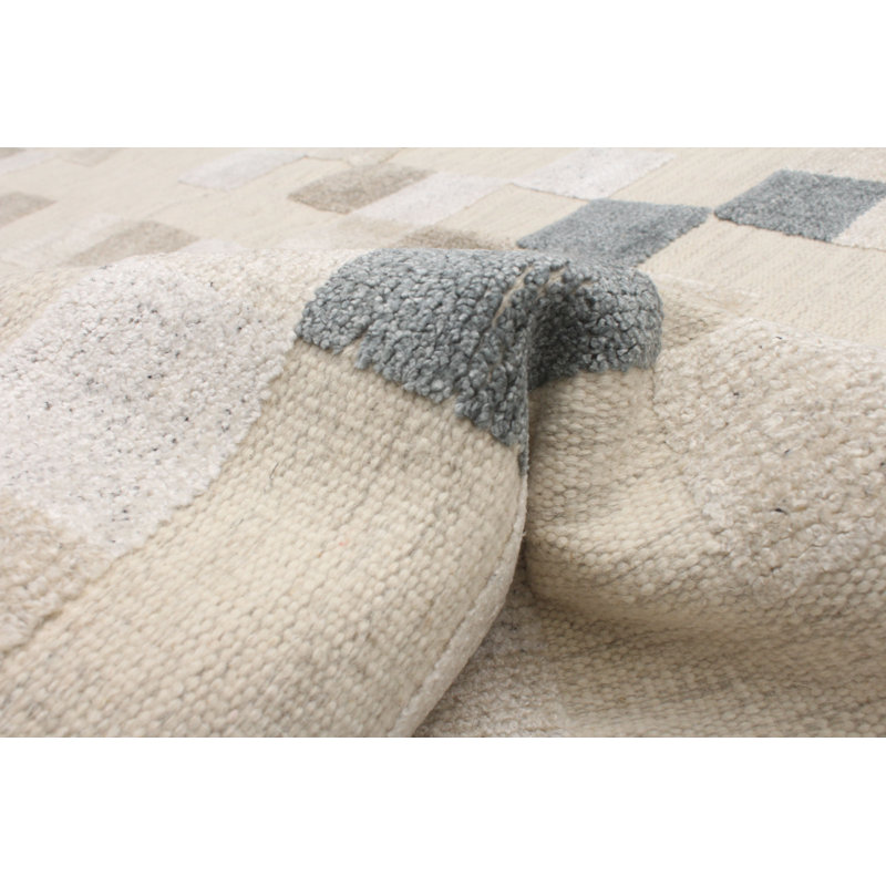 Tapis géométrique ivoire / gris en laine noué à la main 5 pi 4 po x 7 pi 7 po Mardene