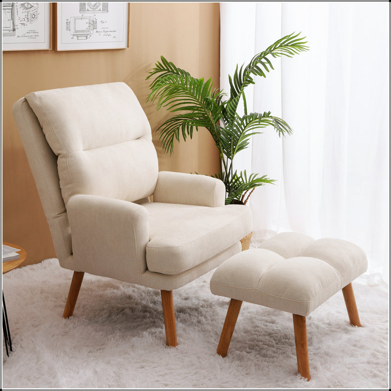 Fauteuil d'appoint confortable avec repose-pieds, fauteuil en tissu avec pieds en bois et dossier réglable pour une assise polyvalente