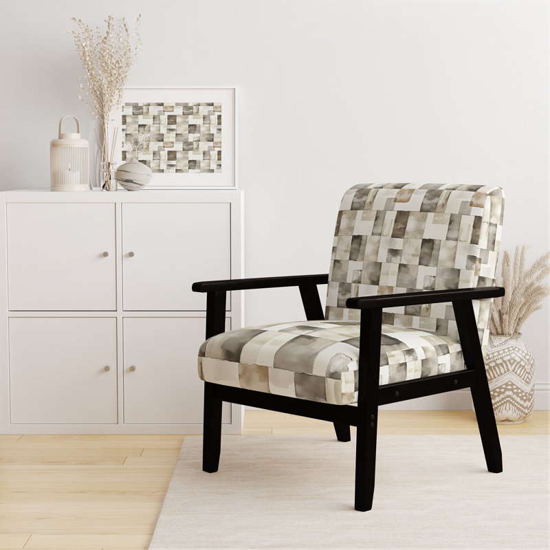 Chaise rembourrée gris et beige Country Farmhouse, Accoudoirs carrés noirs