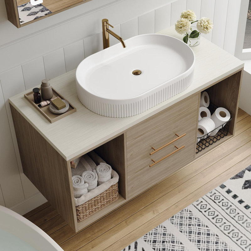 Modern 39.4 Wall-Mounted Bathroom Vanity with Oval Ceramic Sink Floating Vanity Multi-Layer Solid Wood Cabinet Soft-Close Drawers Open Shelf Storage