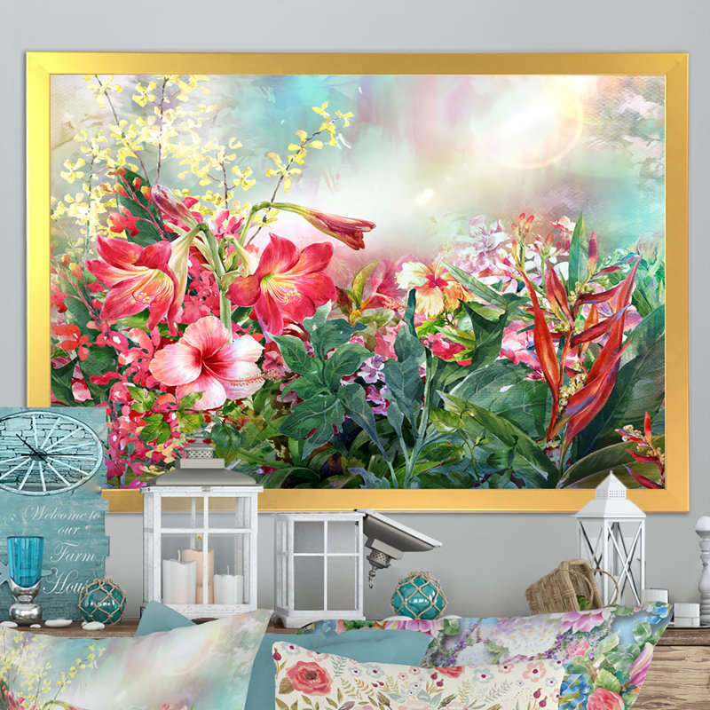 Impression de fleurs multicolores printanières sur toile, Cadre doré, H 16 po x l 32 po x P 1 po