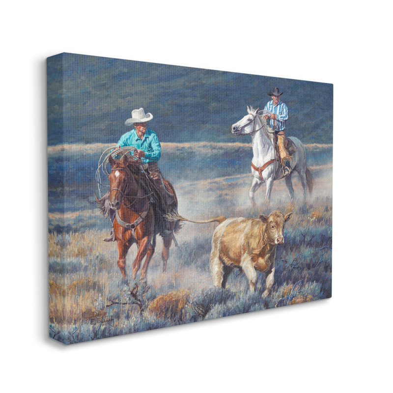 «Cowboys Wrangling Bétail sur toile» par David Graham, peinture, Giclée encadrée noir minuit, H 24 po x l 30 po x P 1,5 po