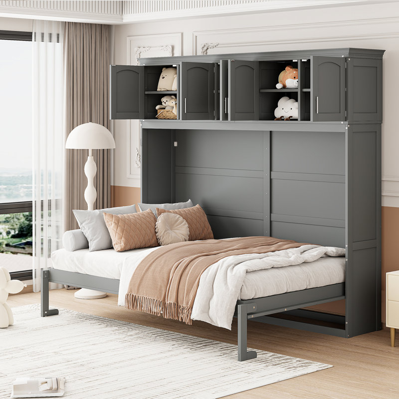 Queen Size Murphy Bed Wall Bed With Top Cabinets,Gray, Queen