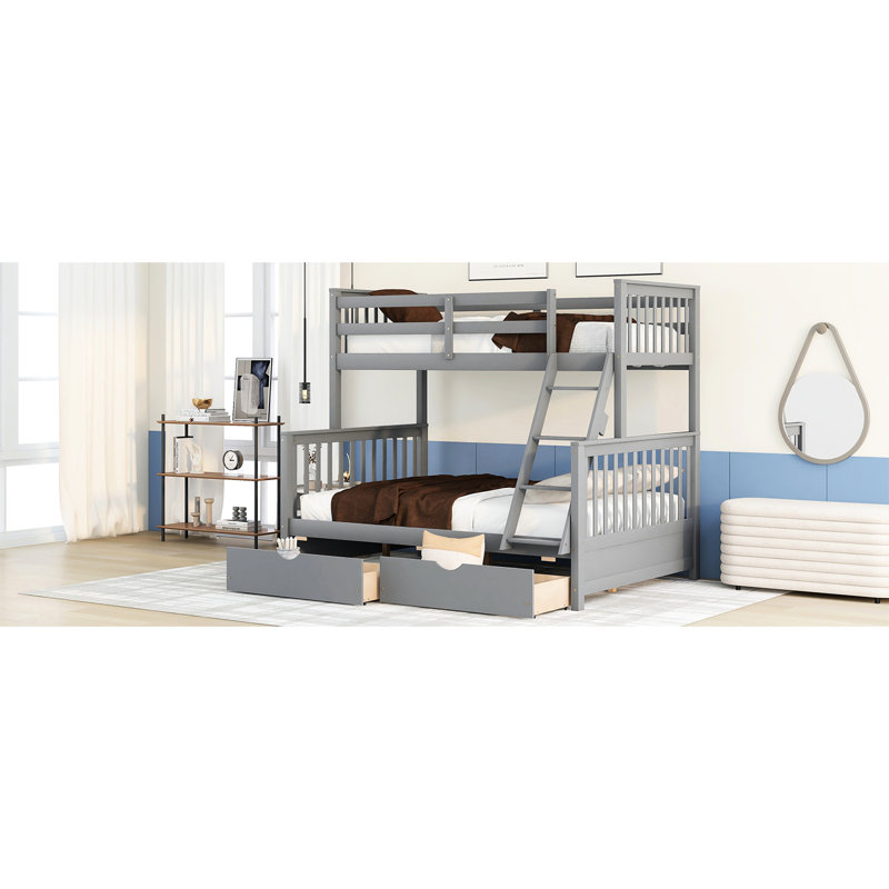 Lit superposé simple Safe, gris, avec garde-corps et tiroirs en bois massif pour la chambre à coucher, Lit double, Gris