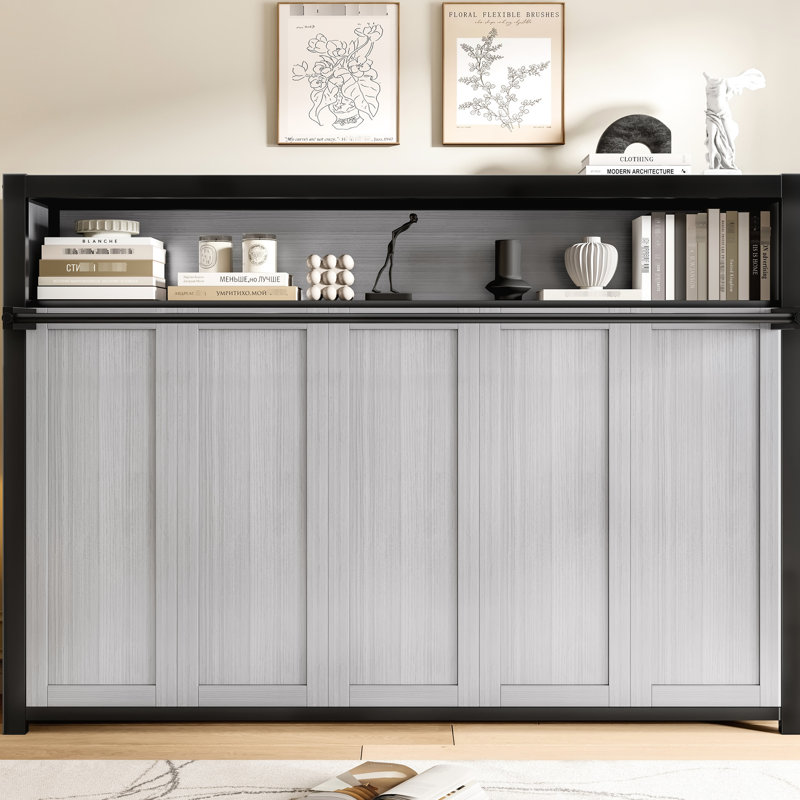 Lit mural gris en métal avec tablettes intégrées, pliable et stable, parfait pour les petits appartements, peu encombrant et facile à monter