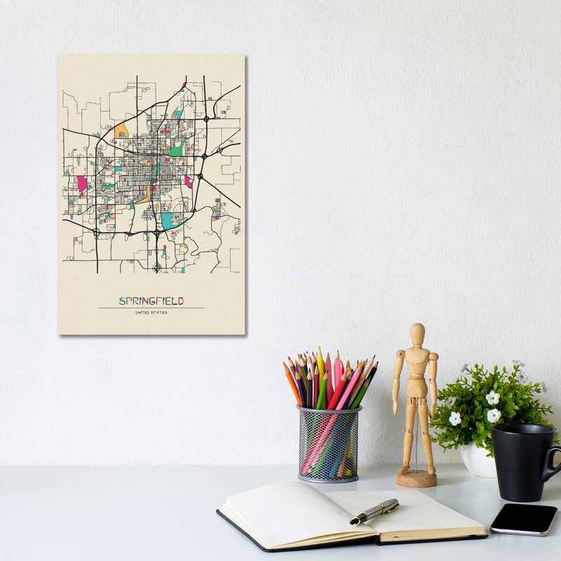 «Springfield, Illinois Map» par Ayse Deniz Akerman - impression sur toile tendue, H 12 po x l 8 po x P 0,75 po