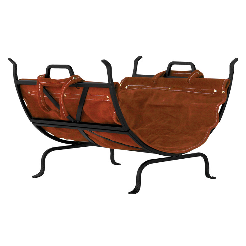 Black Wrought Iron Firewood Log Holder with Suede Leather Carrier