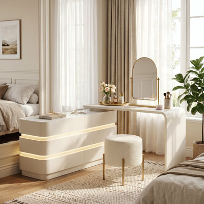 Modern Makeup Vanities Table with 6-Drawers, Retractable 360 ° Rotation, LED Emit Light Vanity Desk