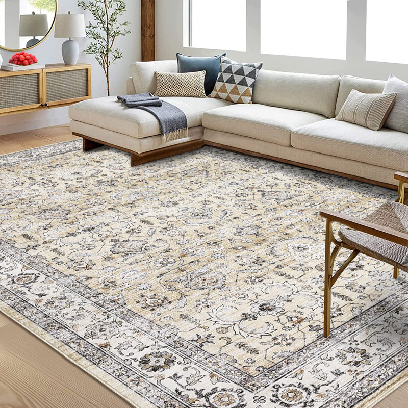 Oriental Machine Washable Rug with Rubber Backing for Living Room Vintage Non-Slip Dining Room Rug Easy-Cleaning Floor Carpet for Bedroom