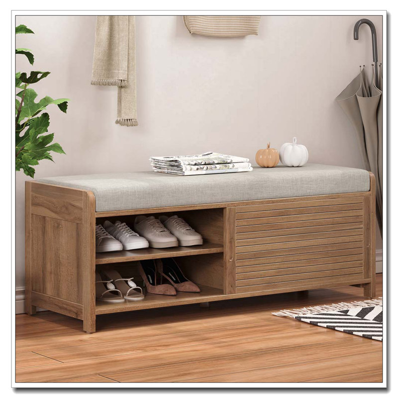 Distressed Shutter Storage Bench with Cushion and Sliding Door, White Washed
