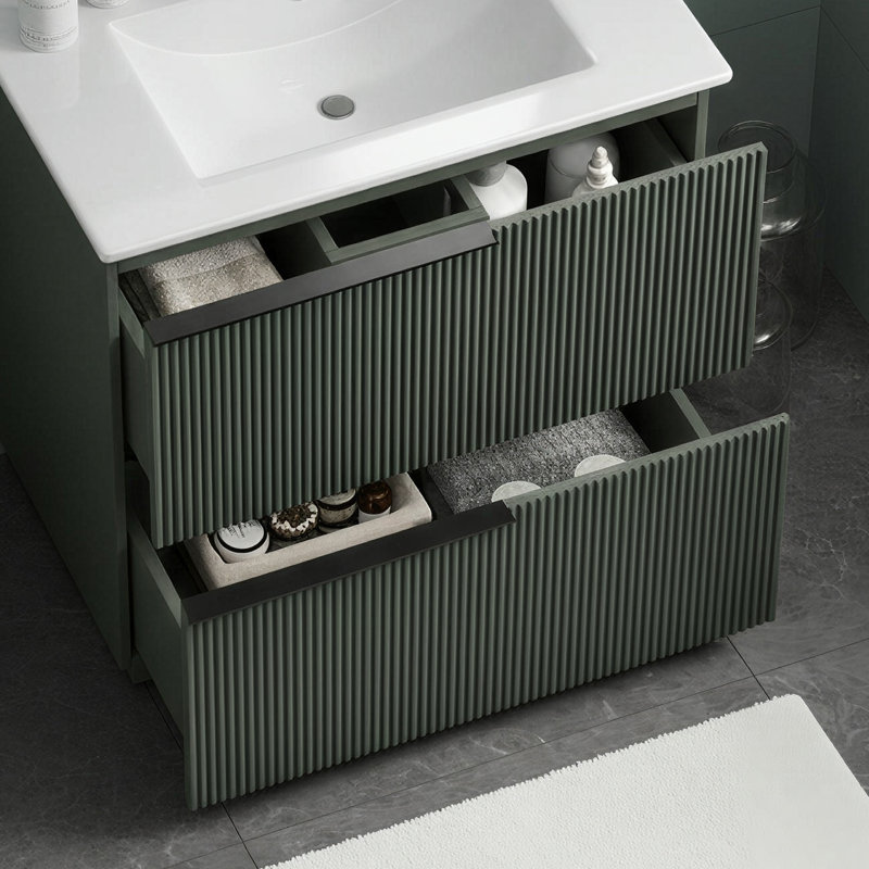Meuble-lavabo de salle de bain vert cannelé de 30 po avec lavabo encastré en céramique et tiroirs à rallonge complète à fermeture amortie