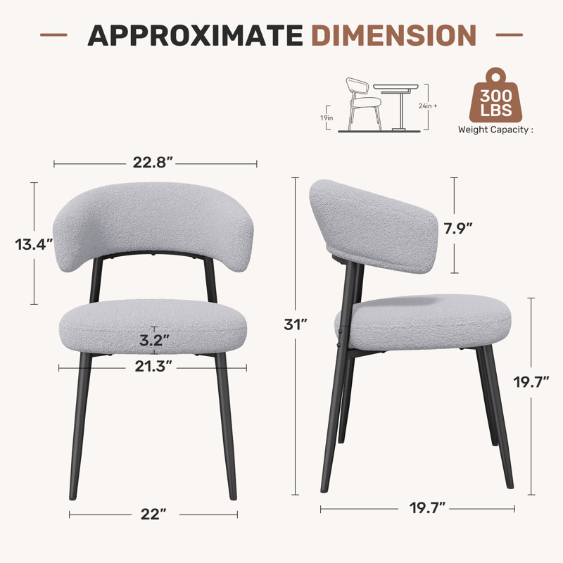 Chaises de salle à manger rembourrées Modern Teddy Boucle avec dossier incurvé, siège rembourré épais et pieds en métal, Gris