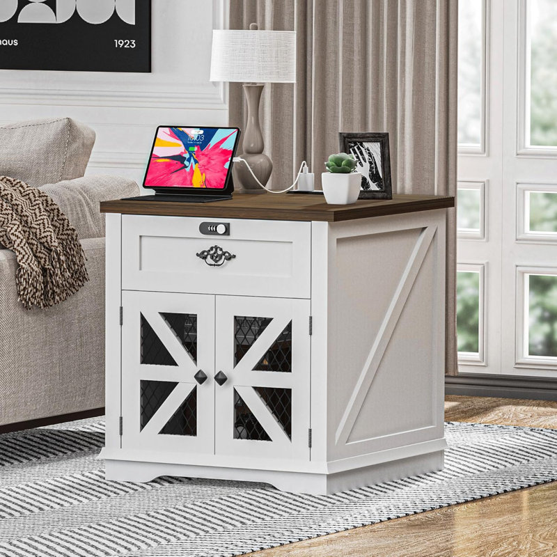 Farmhouse Nightstand Side Table with Chargers, 24” Side Table with Drawer Combination Lock and Wire Barn Door, White