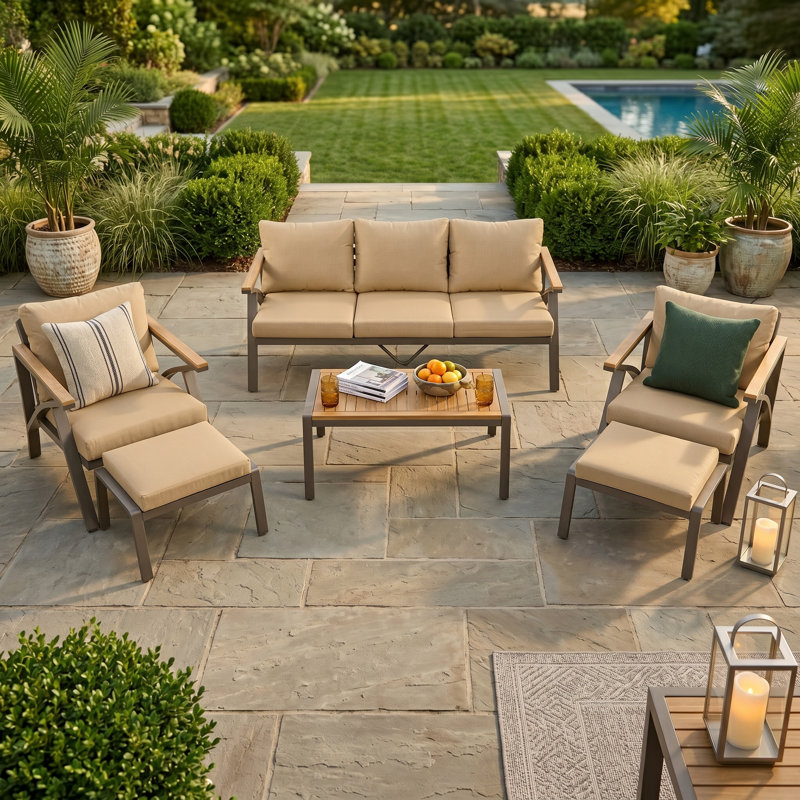 Ensemble de canapé de patio en bois d'acacia 6 pièces avec table basse et coussins bruns, Brun