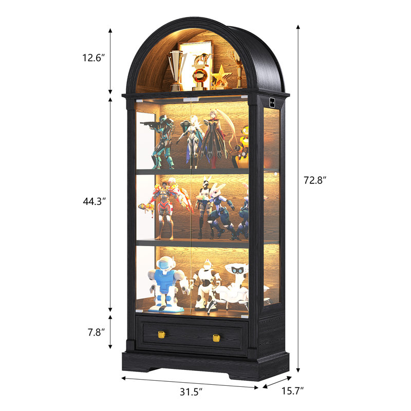 72.8" Tall Arched Display Cabinet With Glass Doors,4-Tier Storage Cabinet with LED Light& Human Body Sensor, Black