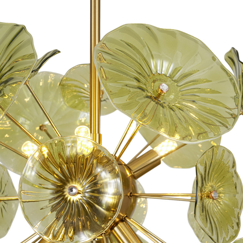 Lustre rond à 6 lumières en verre à pétales vert Murano Lilypad