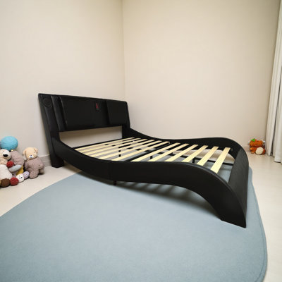 Upholstered Platform Bed Frame With Led Lighting, Bluetooth Connection To Play Music Control, Backrest Vibration Massage, Curve Design, Wood Slat Support, Exhibited Speakers, King Size