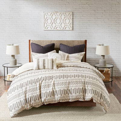 Cotton Jacquard Comforter Mini Set Ivory/Charcoal Full/Queen