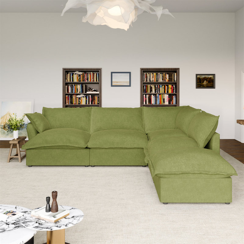 Keivon 5 - Pieces Upholstered Sectional Modular Sofa Chaise, Cloud Sofa for Living Room, Keivon Green Linen Blend