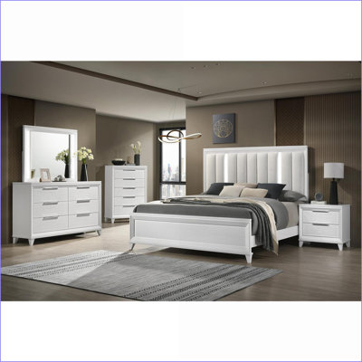Ensemble de chambre à coucher avec très grand lit 3 pièces avec 2 tables de chevet, tête de lit à DEL en bois massif blanc neige | Bois massif | Blanc neige