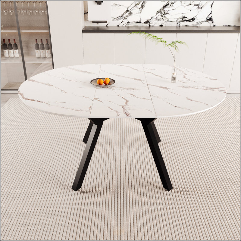 Table de salle à manger extensible blanche circulaire pour 4 à 6 personnes, plateau en bois aggloméré moderne avec pieds en métal, parfaite pour la cuisine et la décoration intérieure