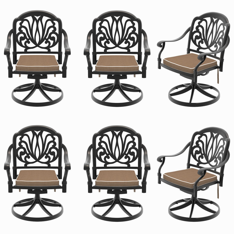 Chaise de patio pivotante en fonte d'aluminium 6 pièces avec structure noire et coussins bruns, 6