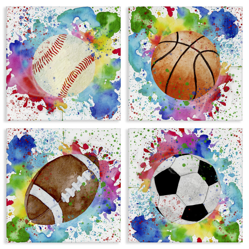 Ensemble de toile de baseball Rainbow Splatter 4pc, design par Kim Allen