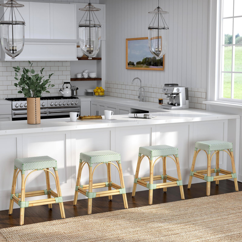 Tabouret de comptoir / de bar Lennart, Blanc / point vert / cadre en rotin naturel