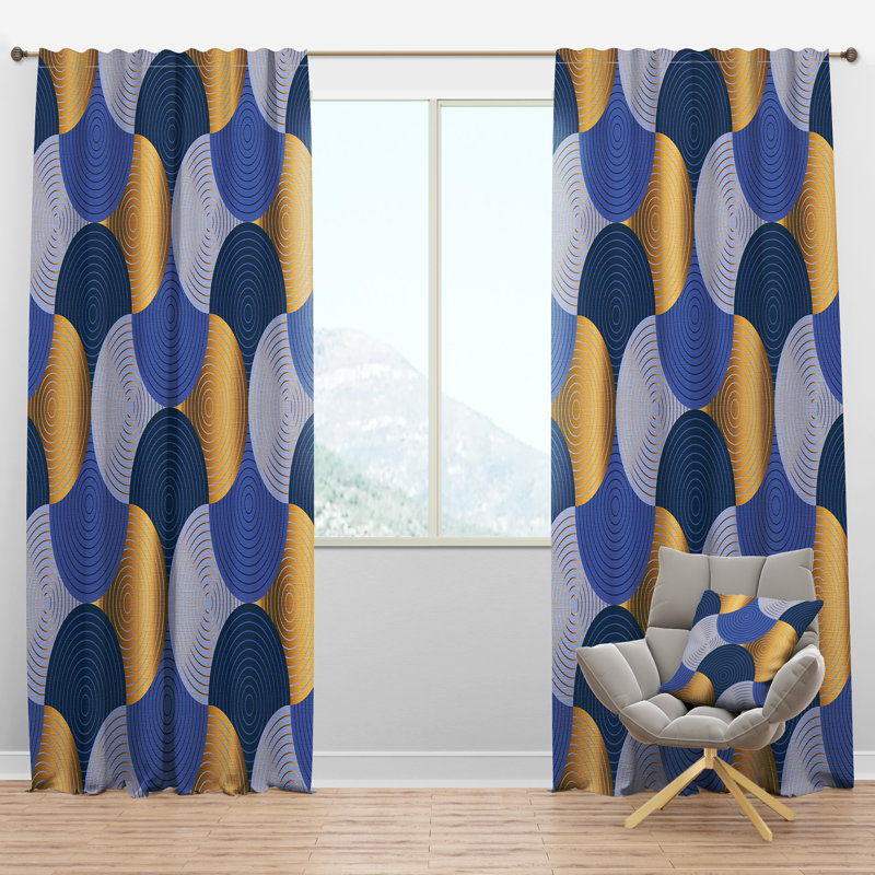Retro Luxury Waves In Gold And Blue X - Mid-Century Curtain - Velvet Room darkening - 1 panel, 52"W x 120"L
