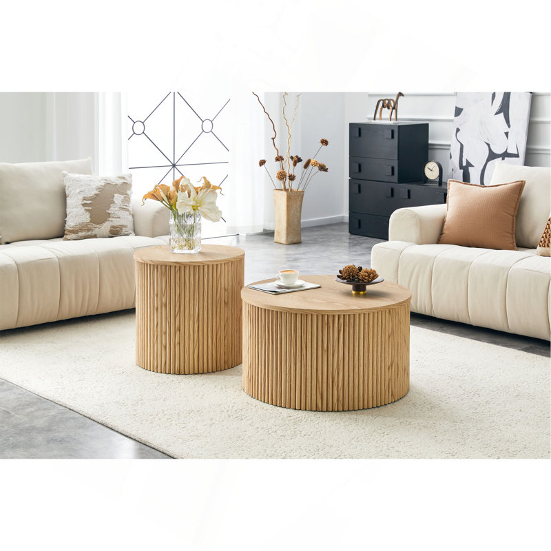 Ensemble de 2 tables basses gigognes, tables rondes en panneau de fibres à densité moyenne avec rangement intégré, tables d'appoint en grain de bois pour le salon et la chambre à coucher