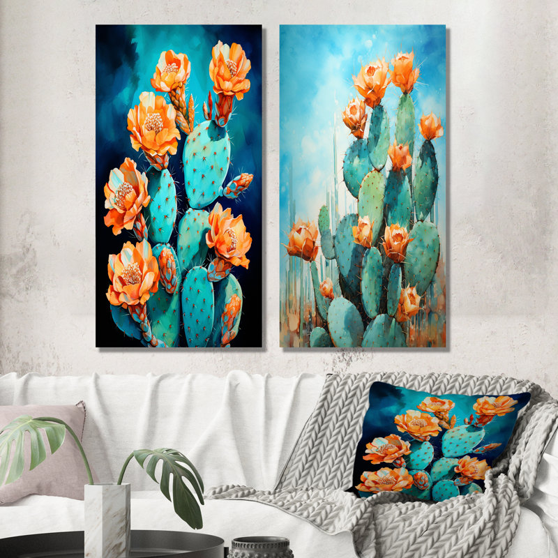 Cactus bleu et bronze brossé - ensemble de 2 décorations murales cactus, H 32 po x l 33 po, Toile tendue