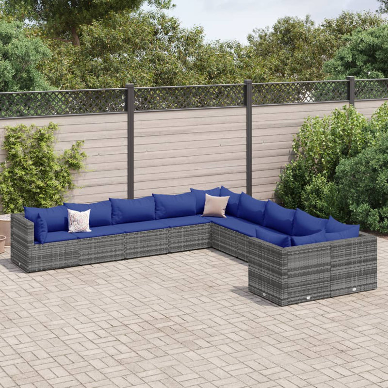 Ensemble de 10 coussins de patio en rotin et coussins, Bleu, Gris