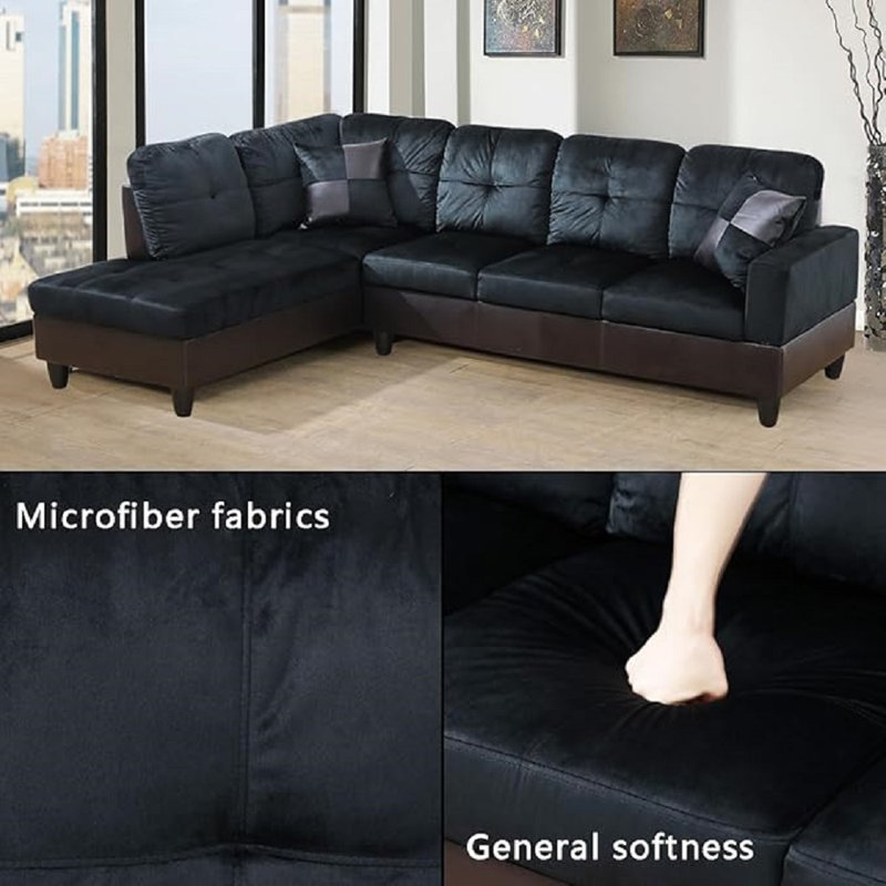 Lemley Upholstered L-Shaped Sectional, Left Hand Facing, Blue/Black Microfiber/Microsuede/Faux Leather