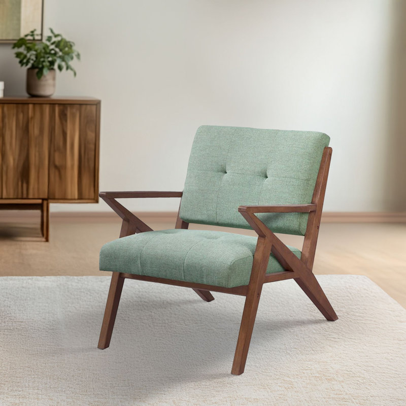 Balom Retro Button Tufted Upholstered Arm Chair with Angled Wood Frame, Seafoam