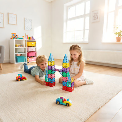 YUKOOL 106-Piece Antibacterial Magnetic Tiles Kit With 2 Cars: Safe STEM 3D Construction Blocks For Kids, Ideal Christmas Gift