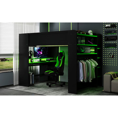 Full Size Bunk Bed With Built-In Desk, , And Two Drawers In Gamer Design, Charging, Overhead Shelves Red