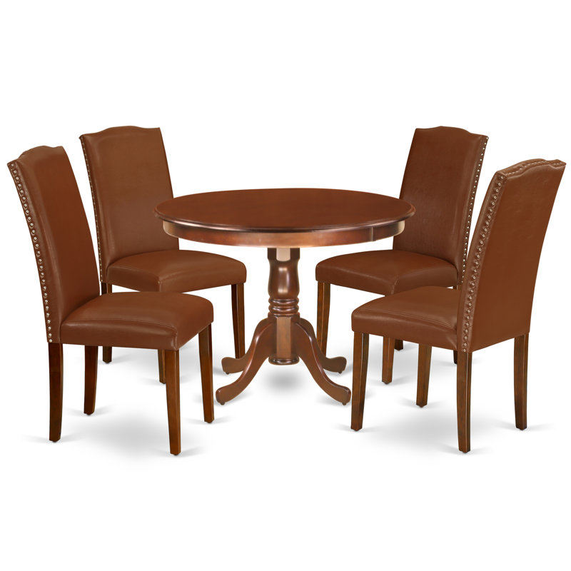 5 Piece Kitchen Table Set for 4 Includes a Round Dining Table with Pedestal and 4 Brown Faux Faux Leather Parson Dining Chairs, Mahogany