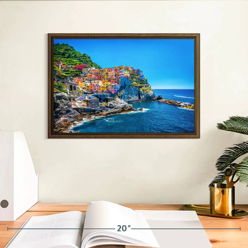 Cinque Terre, bord de mer, 13 po x 9 po, Cadre flottant noyer
