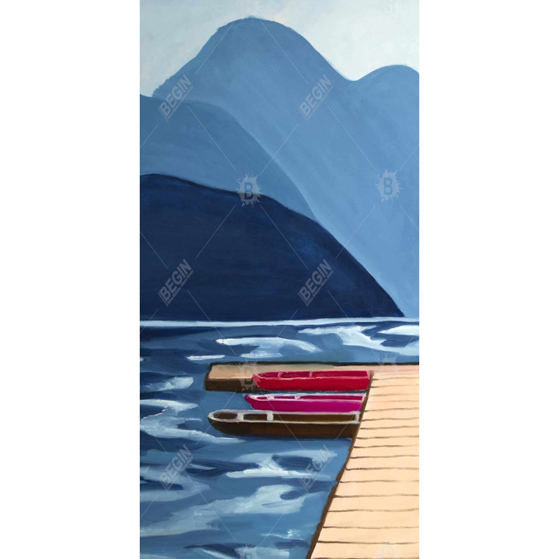 Lake, quai & mountains - Red Marine framed canvas decor