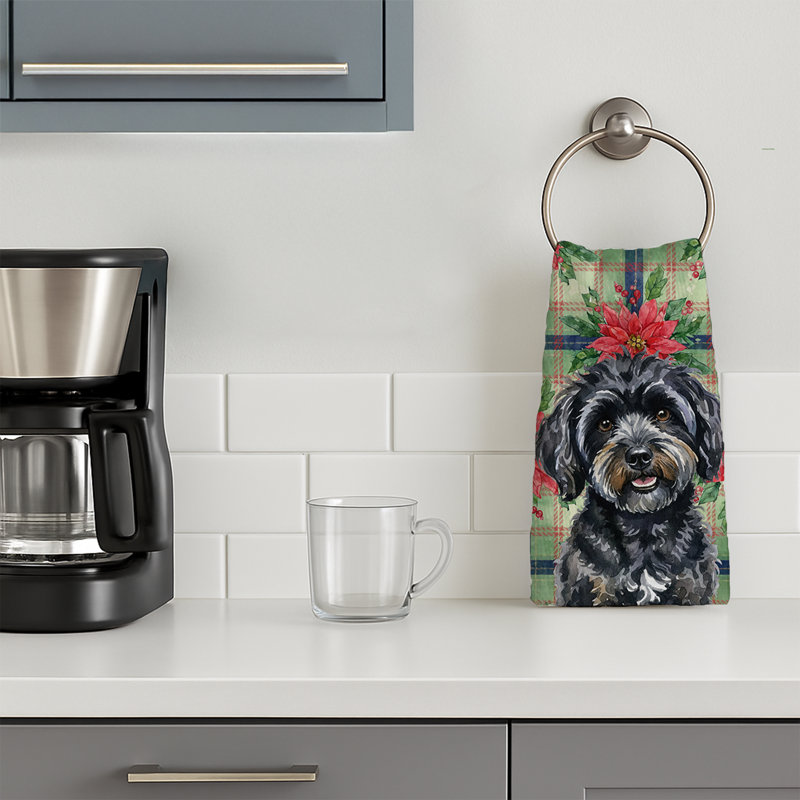 Black Havanese Christmas PoinsettIas Kitchen Towel, Black Havanese