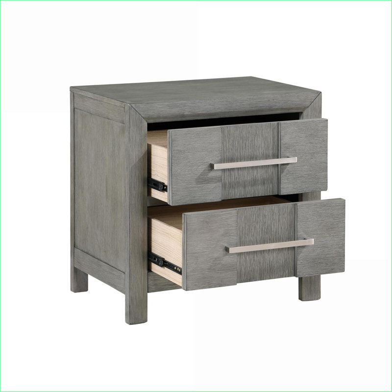 Table de chevet 2 tiroirs moderne gris avec poignées en métal argenté, Gris