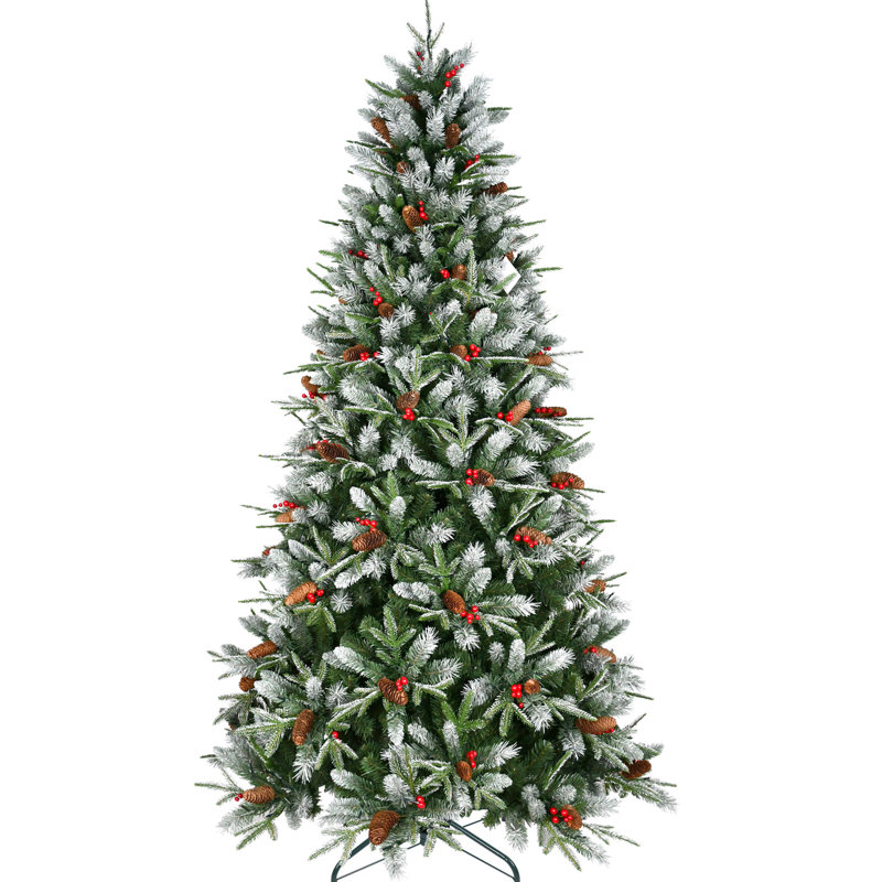 Arbre de Noël de 4 pi avec 747 pointes, baies rouges réalistes et pin naturel, branches pe + neige pour un environnement givré, structure à charnières à installation rapide et simple, métal solide et bien fixé