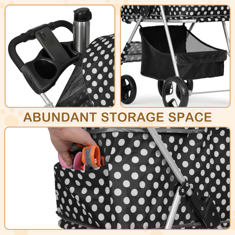 Black and White Polka Dot Foldable Pet Stroller with Steel Frame