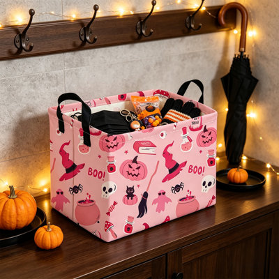 Panier de rangement grande capacité pour la décoration d'Halloween, idéal pour organiser des vêtements et des pantalons imprimés tissés à la main. Style imprimé.