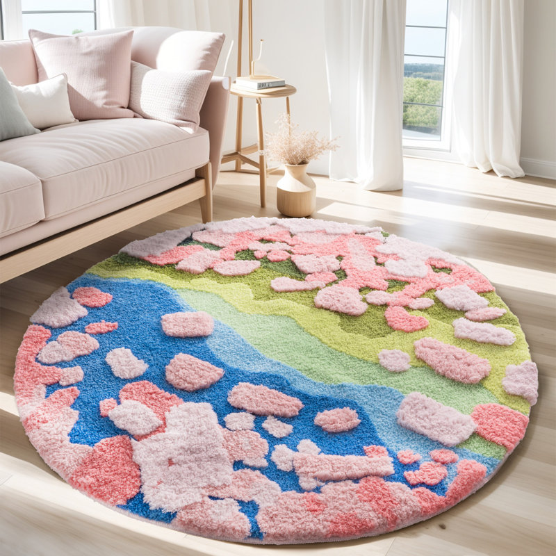 Tapis rond à poils longs lavable à la machine Meadowland, Vert, Rond 4 po