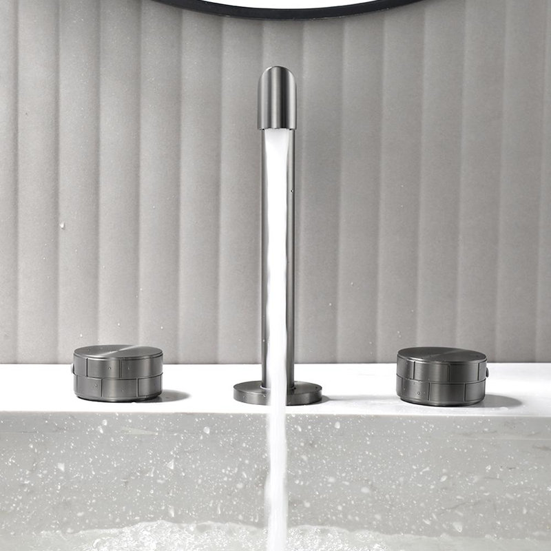 Gunmetal Gray Brass Double Handle Widespread Bathroom Faucet