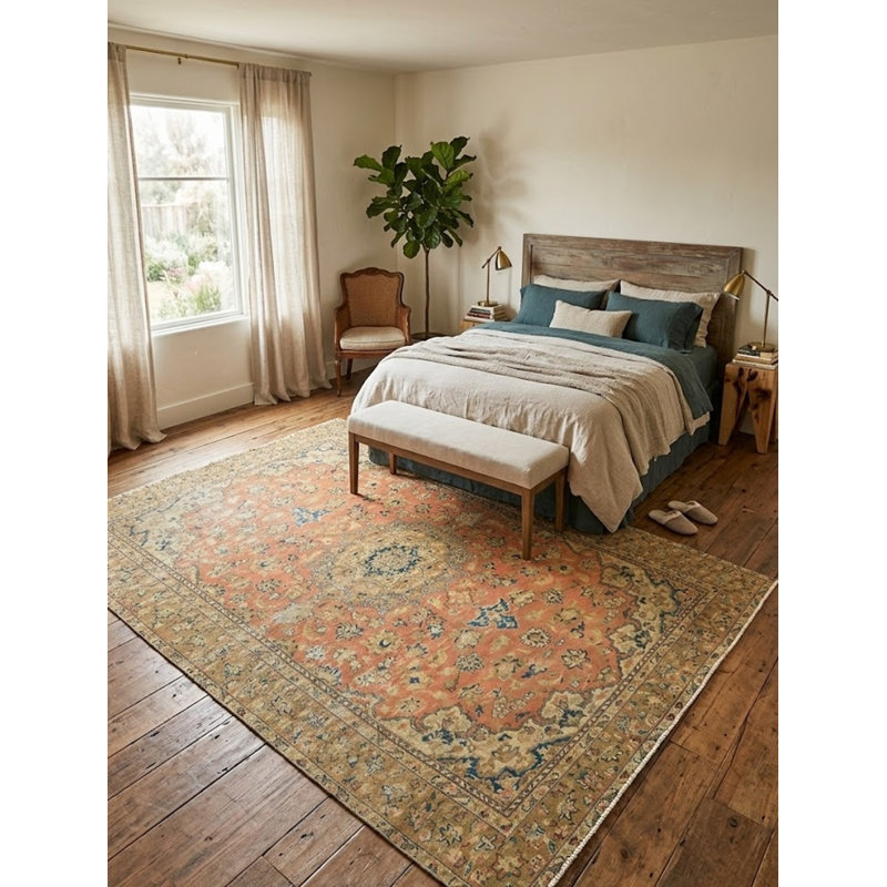 Tapis semi-antique à motif floral délavé à la main 6 x 9