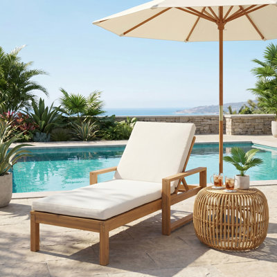 Outdoor Lounge Chairs with Adjustable Backrest & White Cushion, Acacia Wood Patio Lounger for Backyard, Deck, Pool, and Lawn