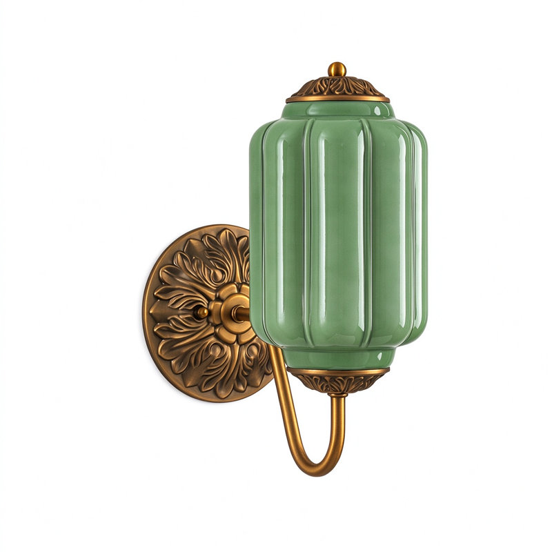 Applique murale 1 lumière à intensité variable en laiton rétro avec abat-jour en verre citrouille, Vert